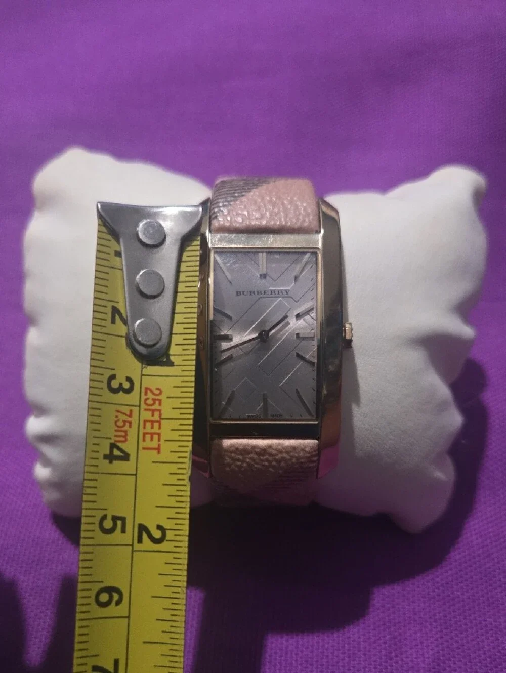 Burberry Beige/Pink Leather Strap Rectangular Silver Dial Watch